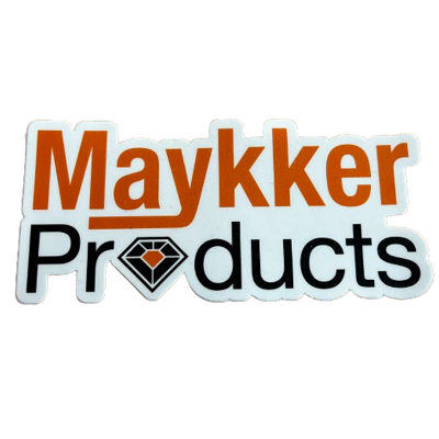 Autocolante com texto Maykker Products e diamante estilizado no fundo branco