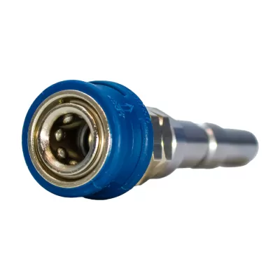 Conector metálico azul e prateado isolado com fundo branco