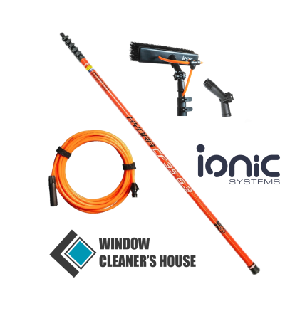 Kit de limpeza de janelas com haste telescópica laranja, escova preta e mangueira laranja