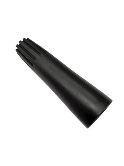 Peça preta cilíndrica de plástico com ranhuras, fundo branco