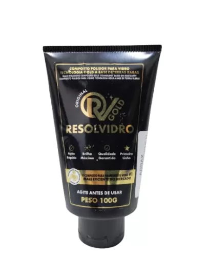 Frasco preto com rótulo dourado e branco do composto polidor para vidro Resolvidro.
