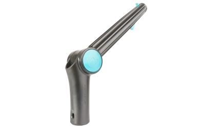 Dispositivo plástico cinzento e azul claro com articulação, sobre fundo branco