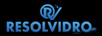 Logotipo azul com texto RESOLVIDRO e símbolo RV num fundo escuro
