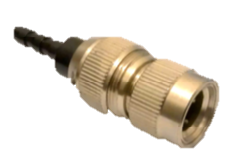 Conector metálico prateado com porcas rosqueadas e ponta preta para tubo