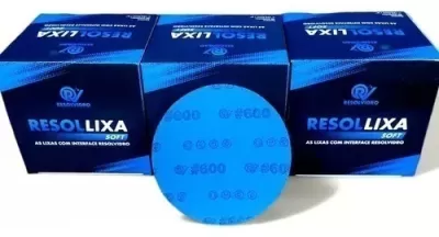 Três caixas azuis RESOLLIXA SOFT com disco abrasivo azul frente