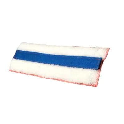 Franja de limpeza retangular em microfibra branca com faixa azul e bordas vermelhas