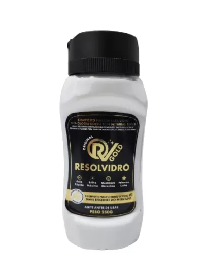 Frasco plástico branco com tampa preta do produto Resolvidro Original Gold para polimento de vidro.