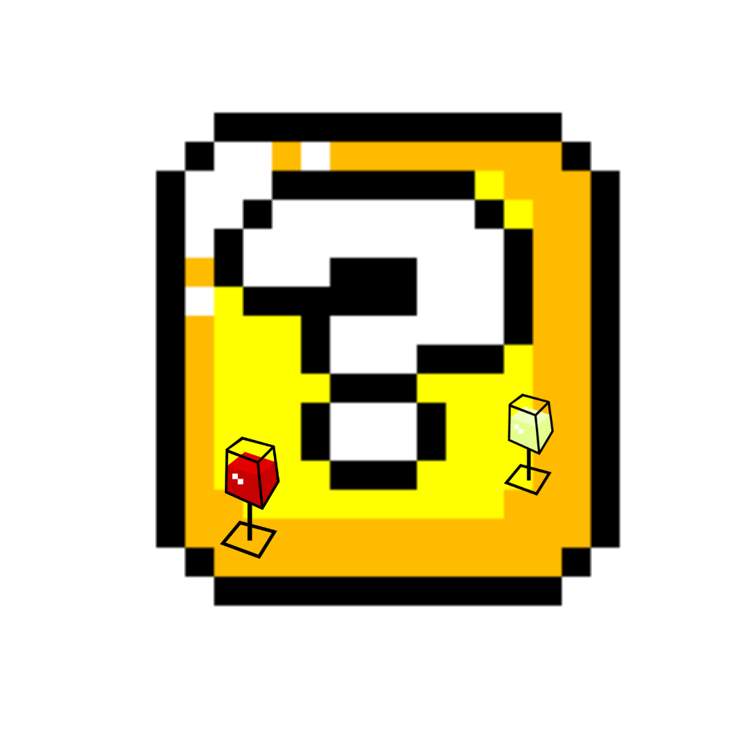 Ícone pixelizado amarelo com ponto de interrogação e pequenos cubos coloridos