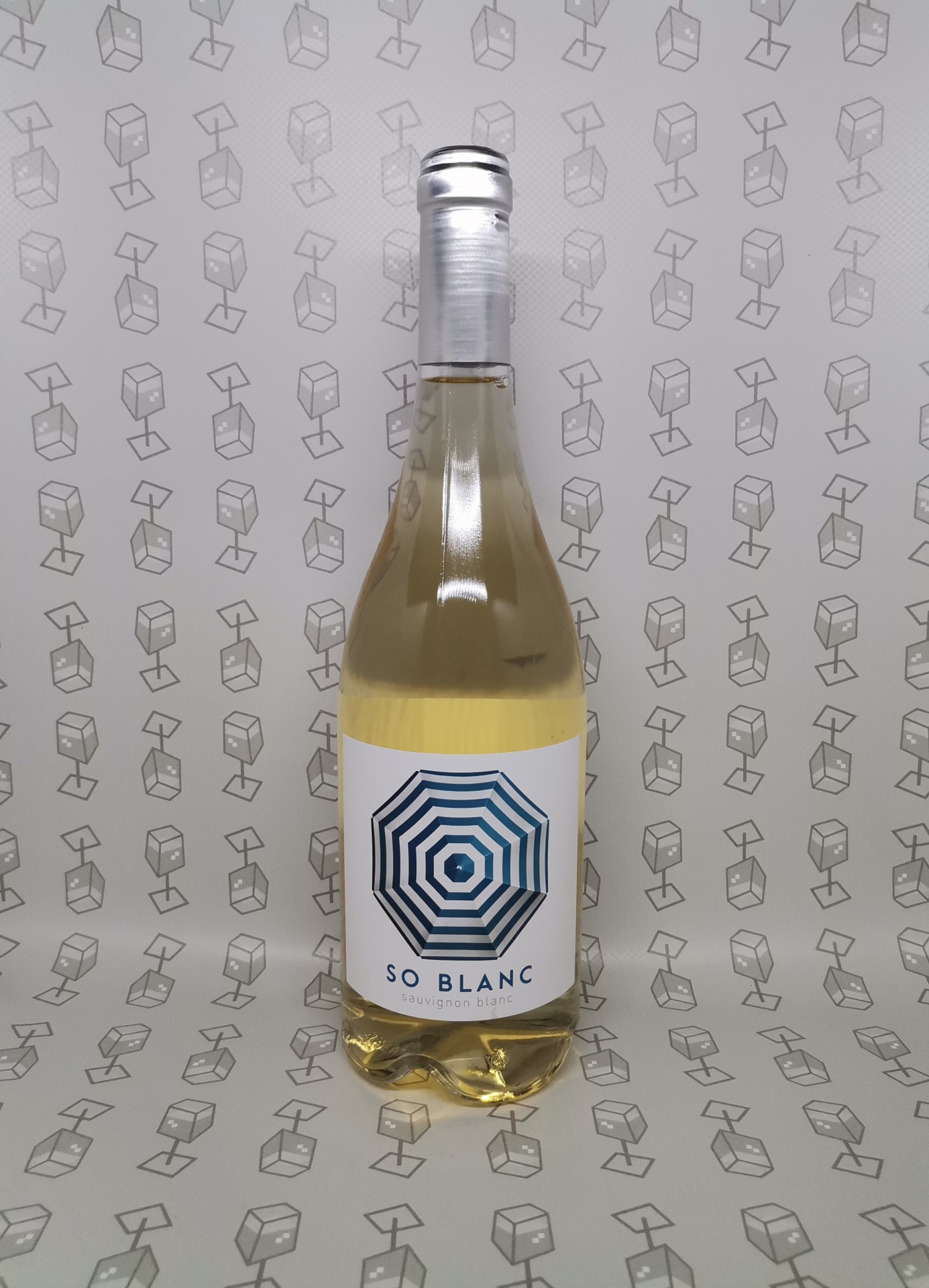 Garrafa de vinho branco SO BLANC com padrão azul no rótulo