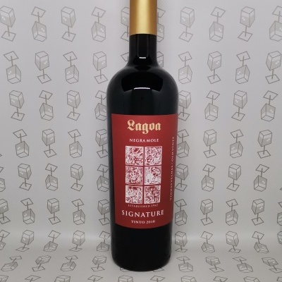 Garrafa de vinho tinto com rótulo vermelho e tampa dourada em superfície com padrão geométrico