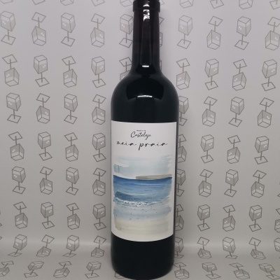 garrafa de vinho com rótulo de praia e texto Castelya mar pacifico sobre fundo com padrão de cubos