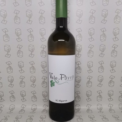 Garrafa de vinho Vale da Parra com rolha verde e rótulo branco com texto e ilustração
