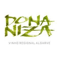 Logótipo tinta verde DONA NIZA e texto cinza VINHO REGIONAL ALGARVE num fundo branco