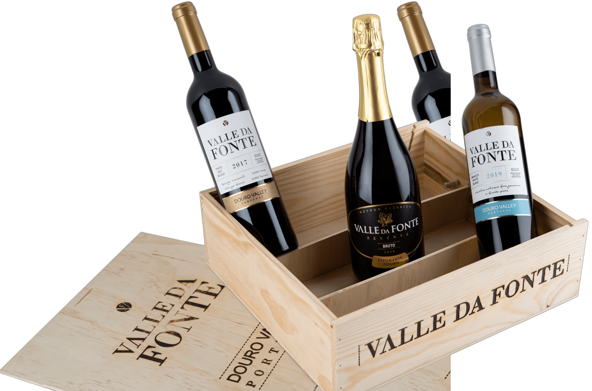 Caixa de madeira com quatro garrafas de vinho Valle da Fonte