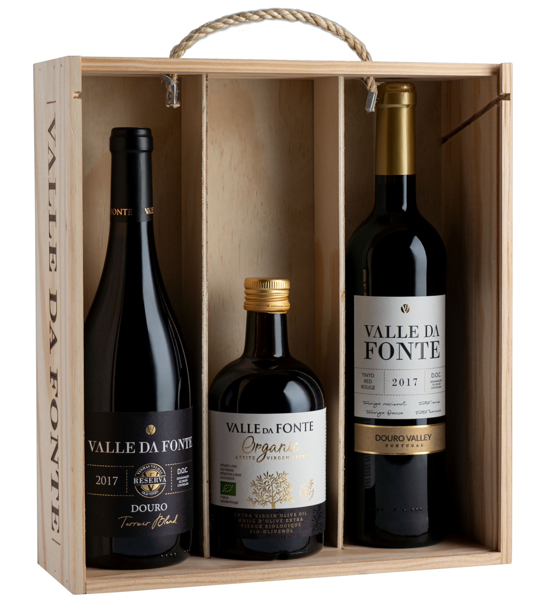 Caixa de madeira com 3 garrafas de vinho e azeite da marca Valle da Fonte