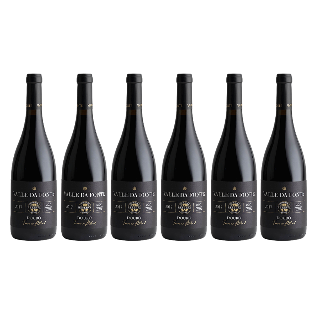 Seis garrafas de vinho tinto Valle Da Fonte 2017 com rótulo preto e dourado