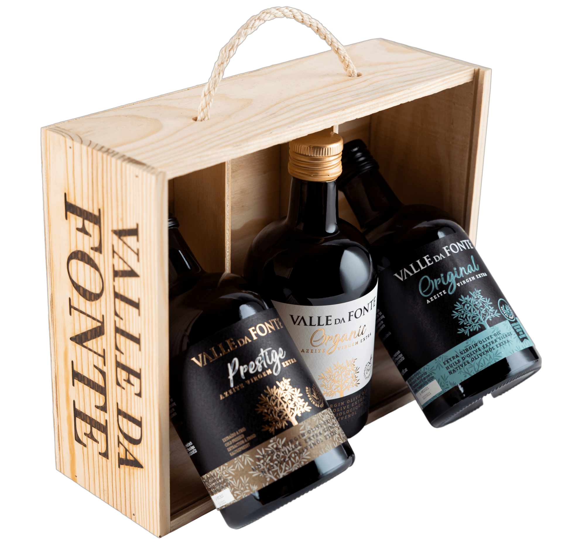 Caixa de madeira com três garrafas de azeite Valle da Fonte