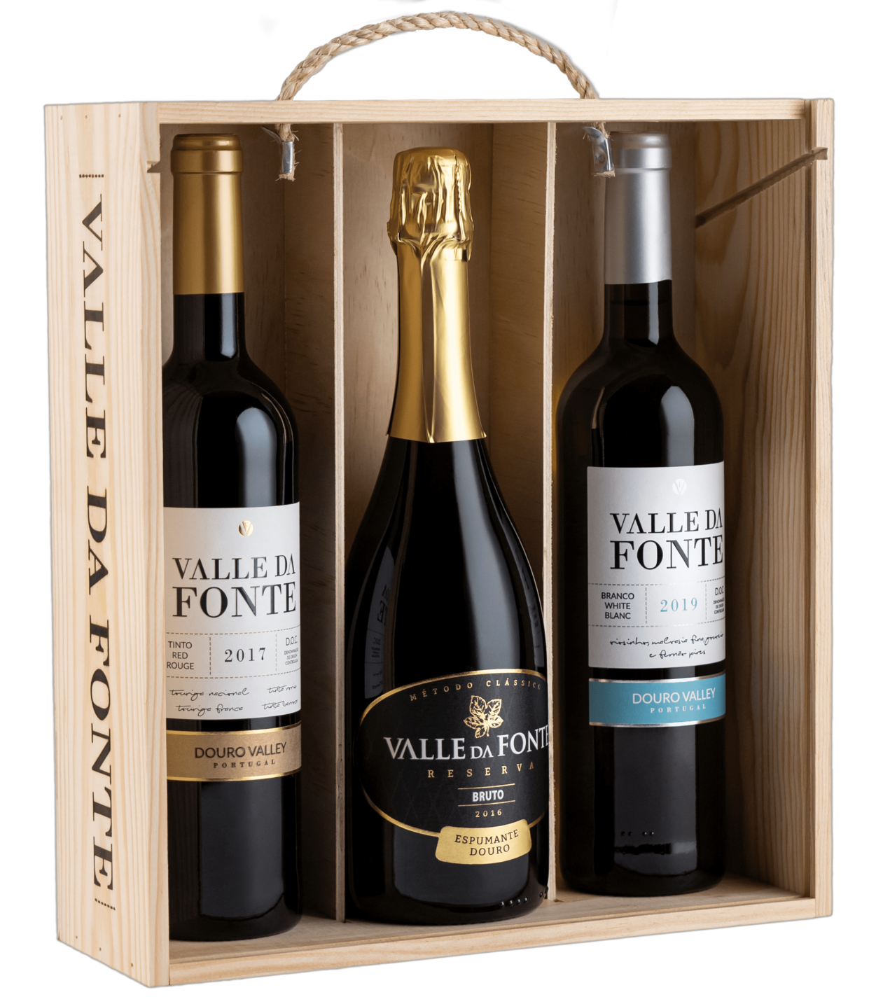 Caixa de madeira com três garrafas de vinho e espumante Valle da Fonte
