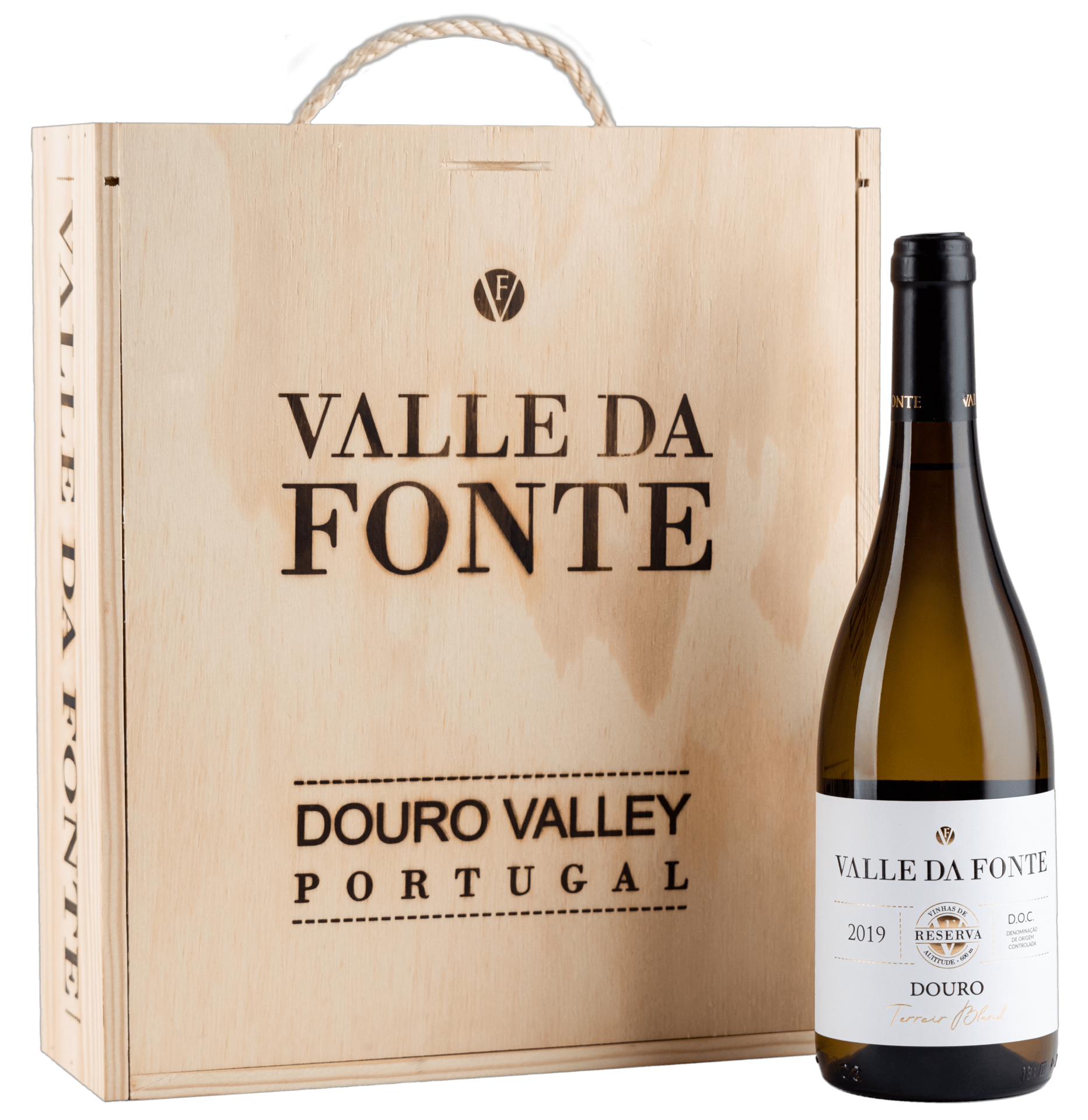 Garrafa de vinho branco Valle da Fonte 2019 com caixa de madeira