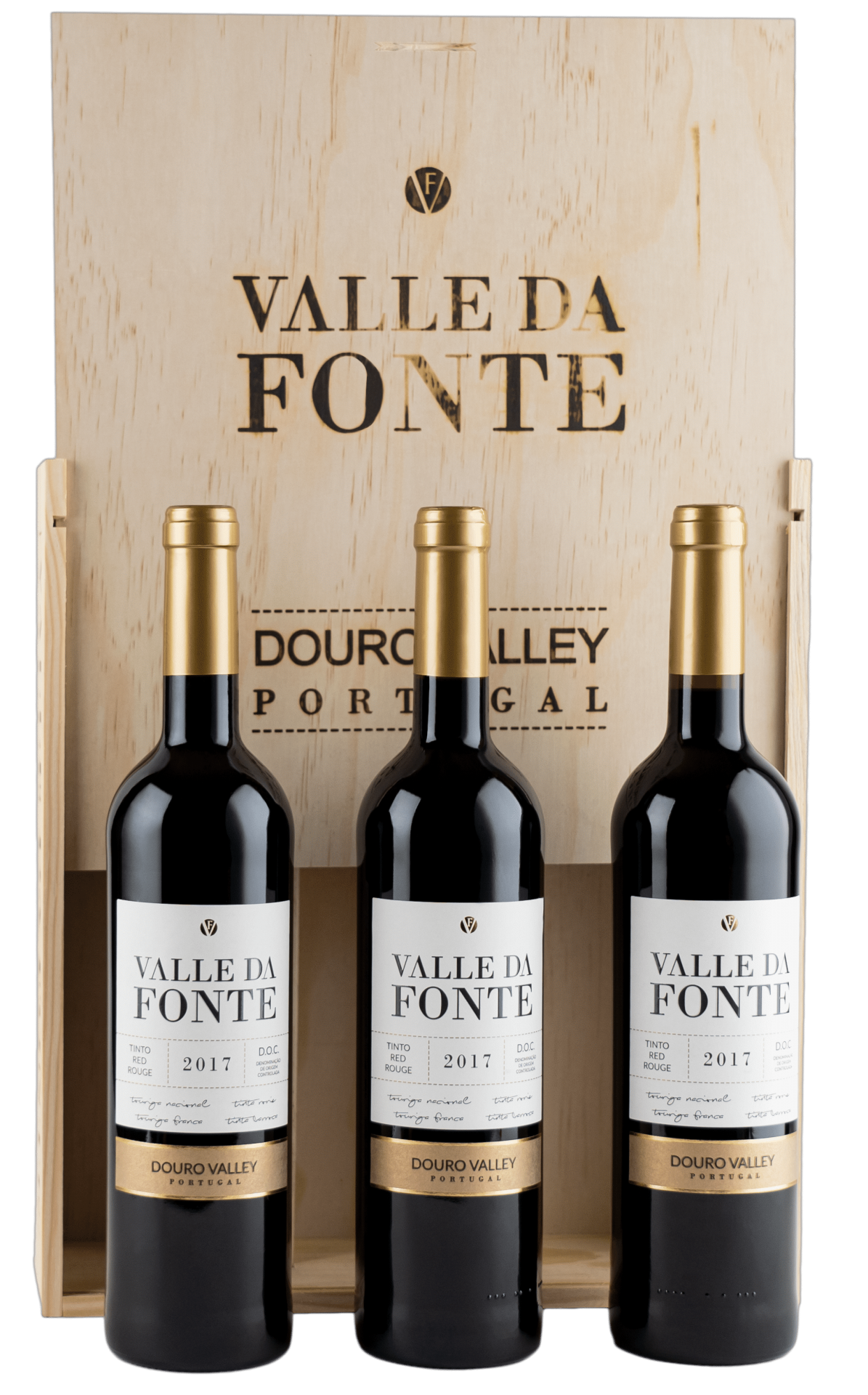 Três garrafas de vinho Valle da Fonte 2017 com caixa de madeira