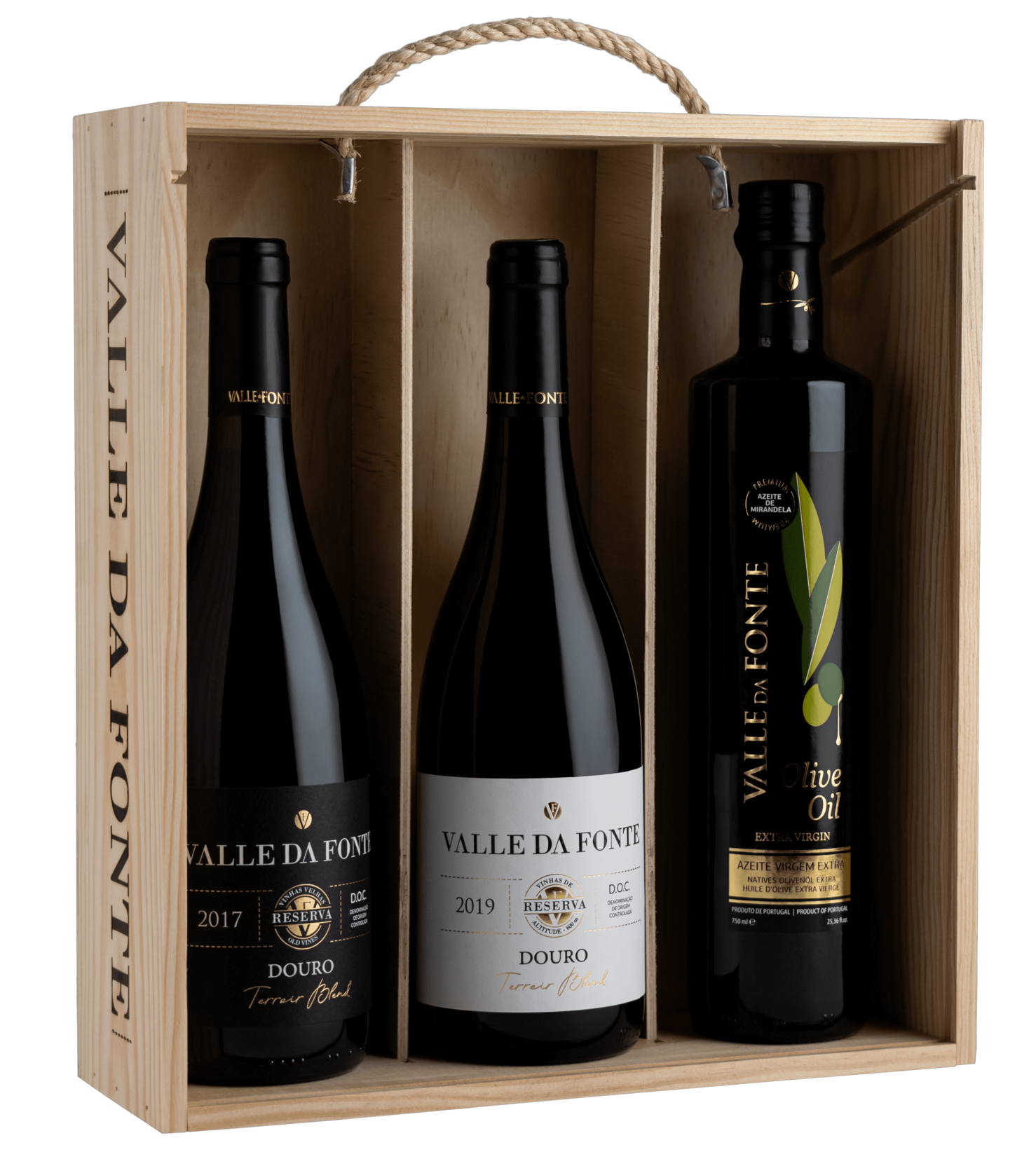 Conjunto de vinho e azeite Valle Da Fonte em caixa de madeira com alça de corda