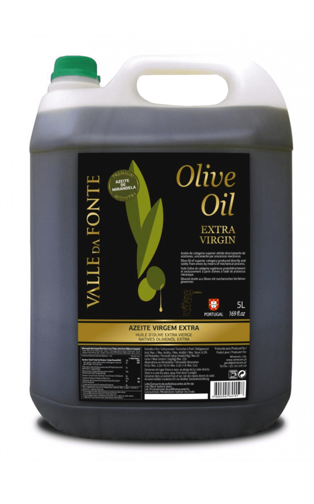 Recipiente plástico preto 5L de azeite virgem extra Valle da Fonte com tampa verde e rótulo preto.