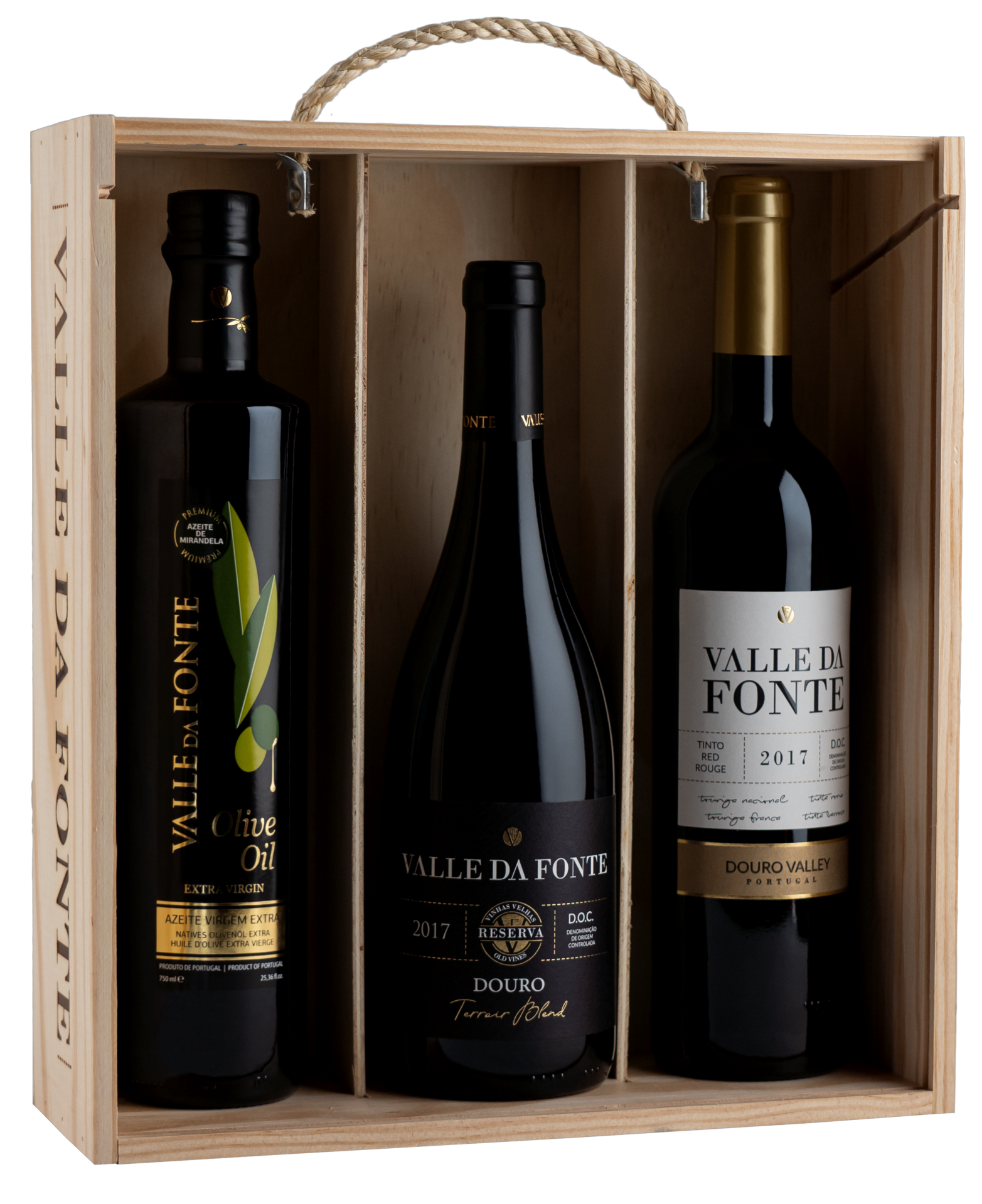 Conjunto de azeite e dois vinhos VALLE DA FONTE em caixa de madeira com alça