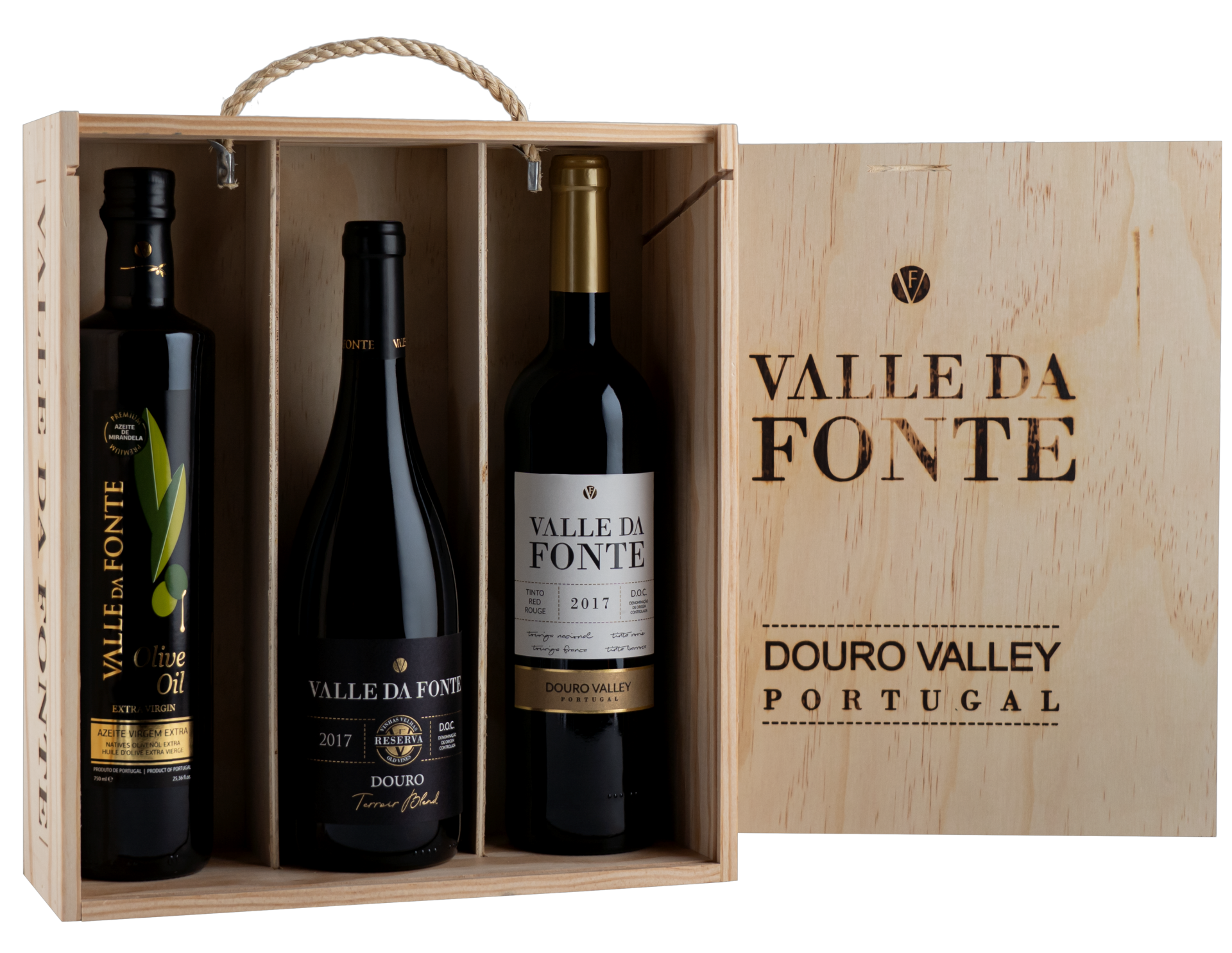 Conjunto de azeite e vinho VALLE DA FONTE em caixa de madeira do Douro Valley