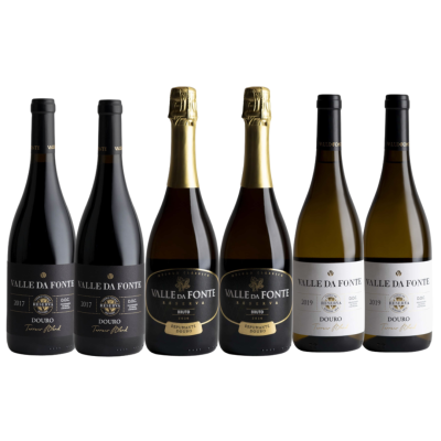 Seis garrafas de vinho Valle da Fonte alinhadas, com rótulos em preto, branco e dourado