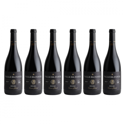 Seis garrafas de vinho tinto Valle Da Fonte 2017 com rótulo preto e dourado