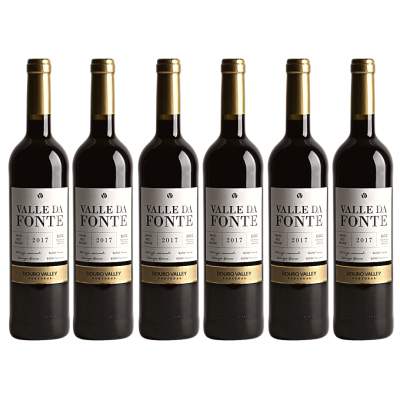 Seis garrafas de vinho tinto Valle da Fonte 2017 com rótulo branco e detalhes dourados