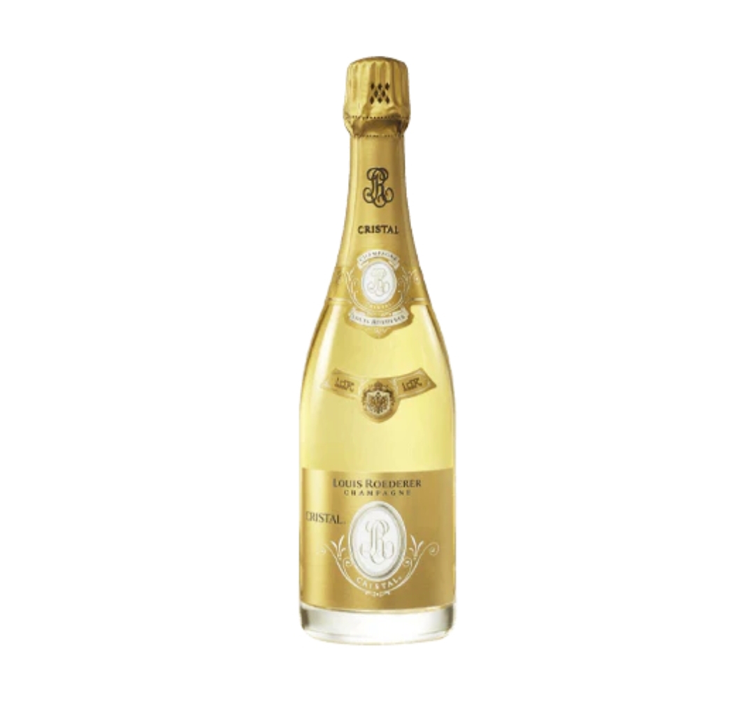 Garrafa de champanhe Louis Roederer Cristal com rótulo dourado