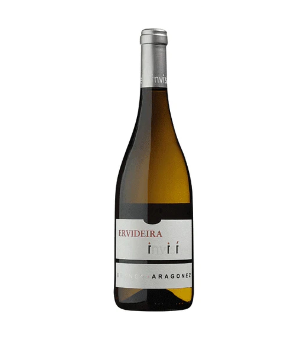 Garrafa de vinho branco Ervideira com rótulo branco e rolha prateada