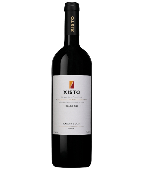 Garrafa de vinho tinto Xisto com rótulo branco e tampa preta
