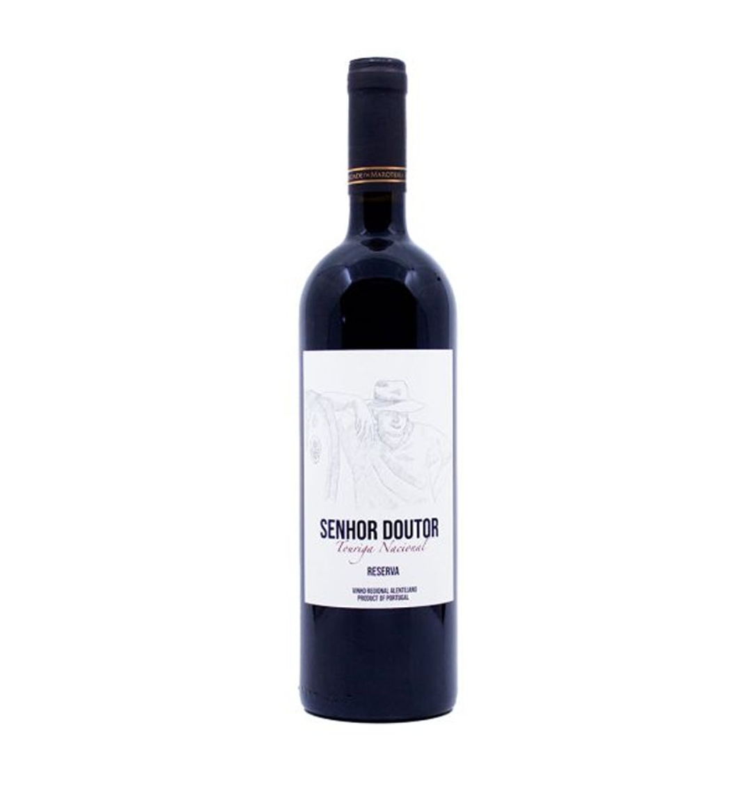 Garrafa de vinho tinto Senhor Doutor Reserva com rótulo branco e ilustração de homem
