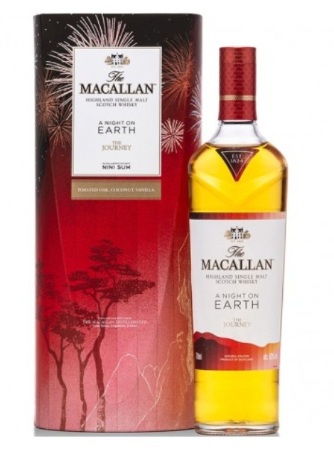 Garrafa de whisky The Macallan com caixa vermelha e preta decorativa