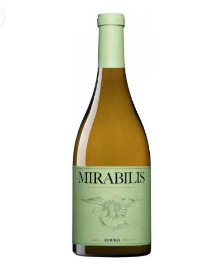 Garrafa de vinho branco com rótulo verde claro e texto 'MIRABILIS' e 'DOURO'