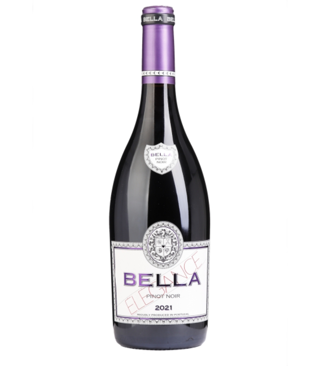 Garrafa de vinho BELLA Pinot Noir 2021 com rótulo branco e lilás