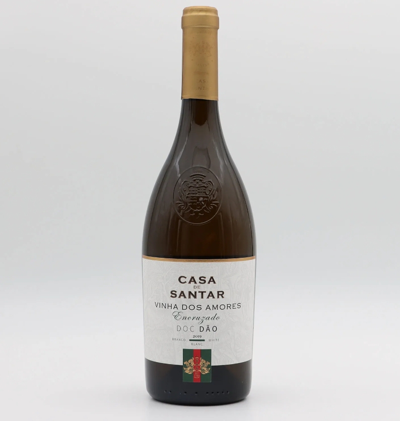 Garrafa de vinho Casa Santar Vinha dos Amores branco DOC Dão com rótulo branco e texto preto