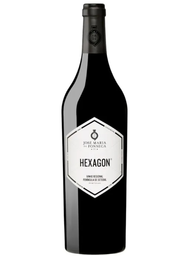 Garrafa de vinho tinto HEXAGON com rótulo branco e cápsula preta