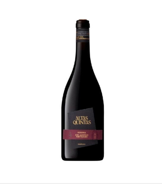 Garrafa de vinho tinto Altas Quintas Reserva com rótulos preto e roxo