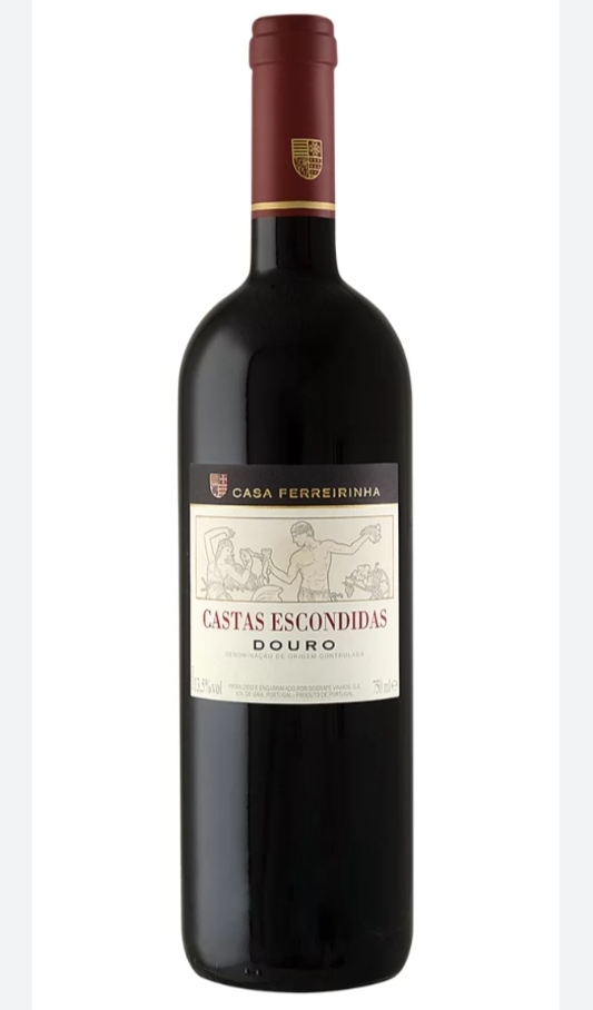 Garrafa de vinho Casa Ferreirinha Castas Escondidas Douro com rótulo branco e selo vermelho