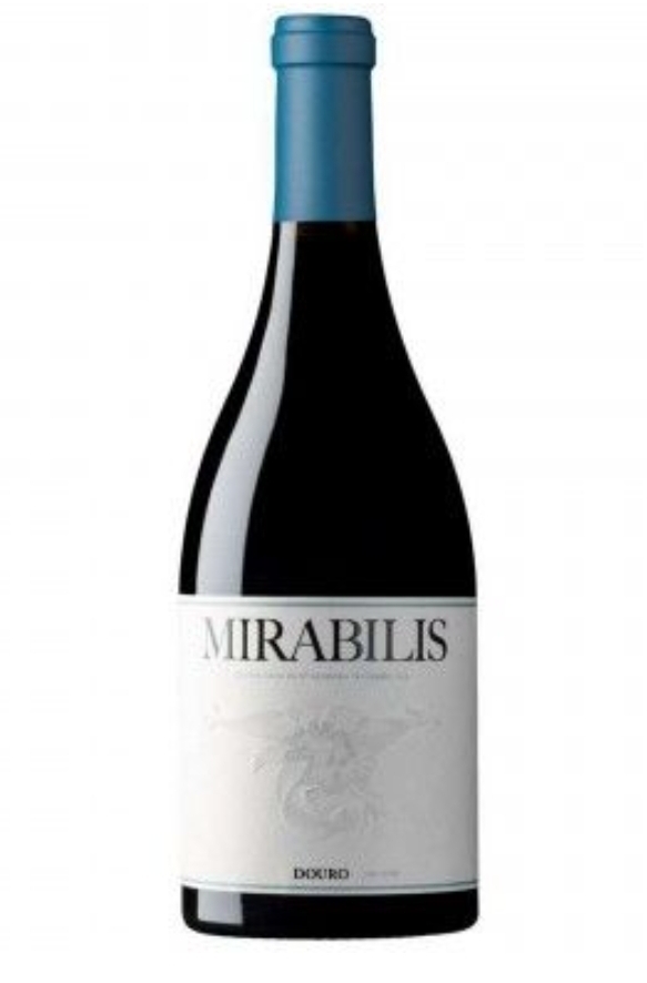 Garrafa de vinho tinto MIRABILIS com rótulo branco e cápsula azul