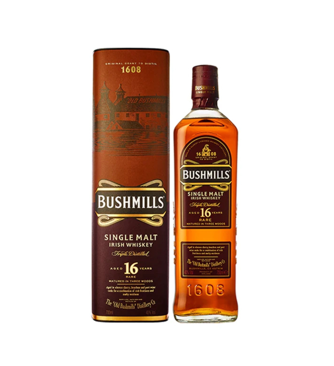 Garrafa e embalagem de whisky Bushmills Single Malt 16 anos
