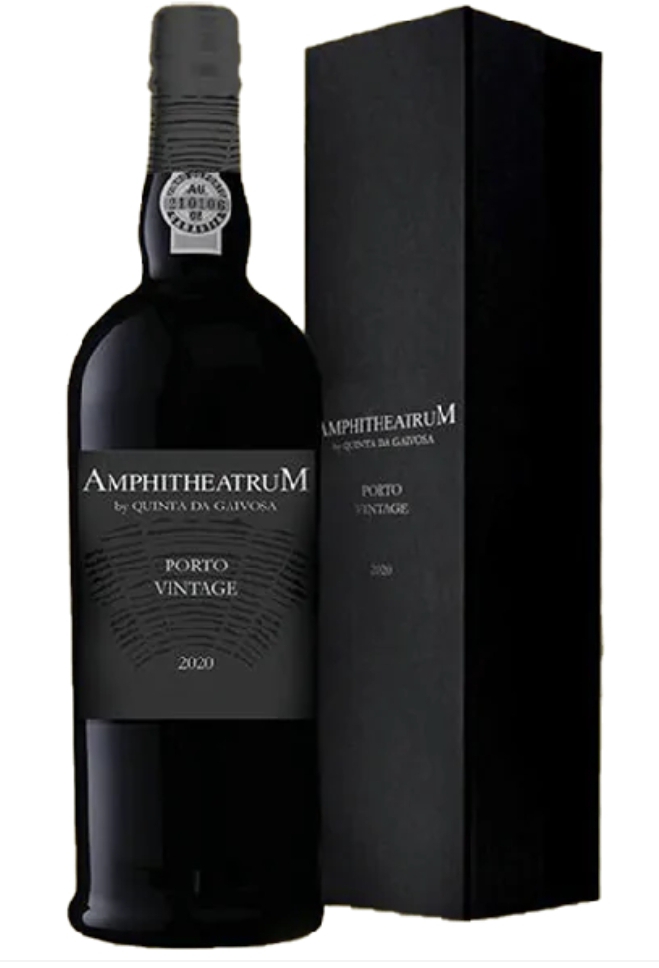 Garrafa preta de vinho do Porto vintage 2020 com embalagem preta