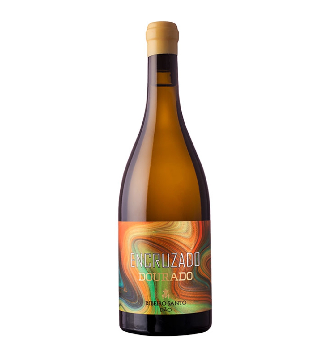 Garrafa de vinho branco com rótulo colorido e texto ENCRUZADO DOURADO