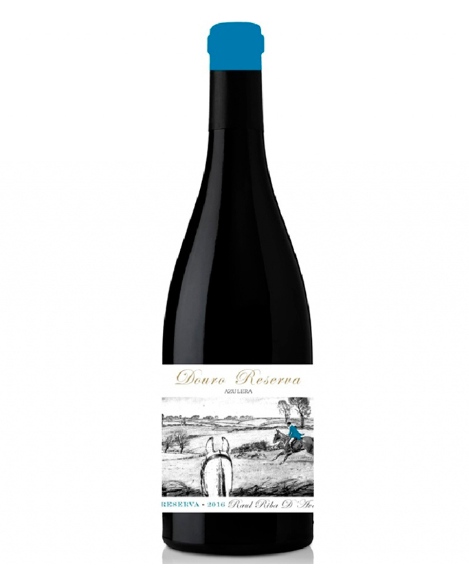 Garrafa de vinho tinto Douro Reserva com rótulo ilustrado em preto e branco e azul