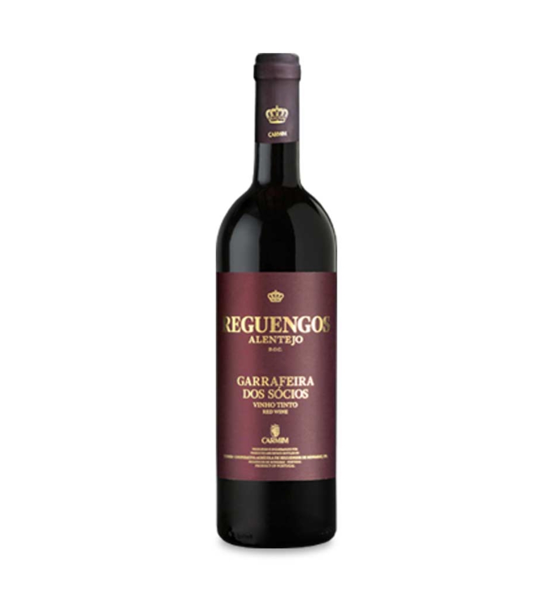 Garrafa de vinho tinto REGUENGOS com rótulo roxo escuro e texto dourado