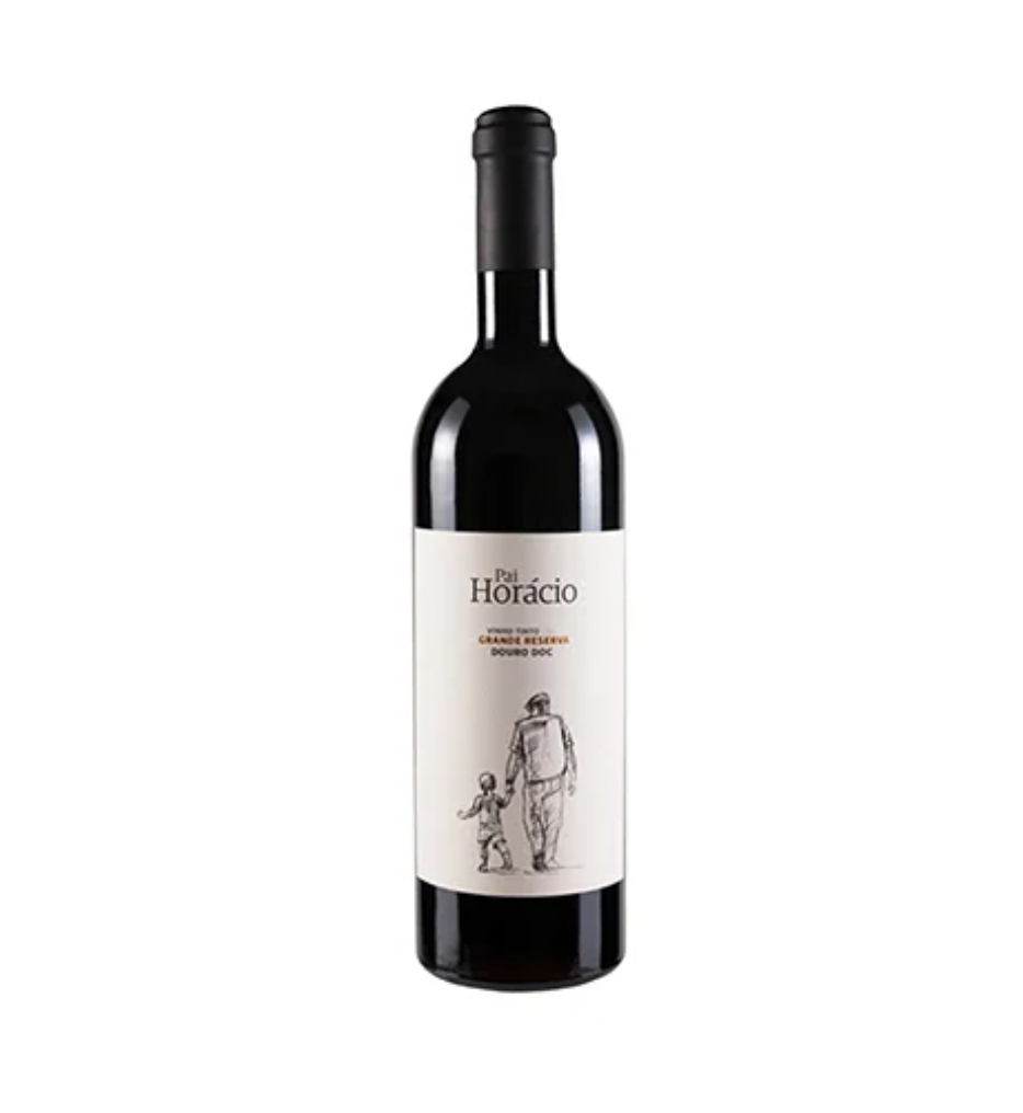 Garrafa de vinho tinto com rótulo branco e ilustração a preto