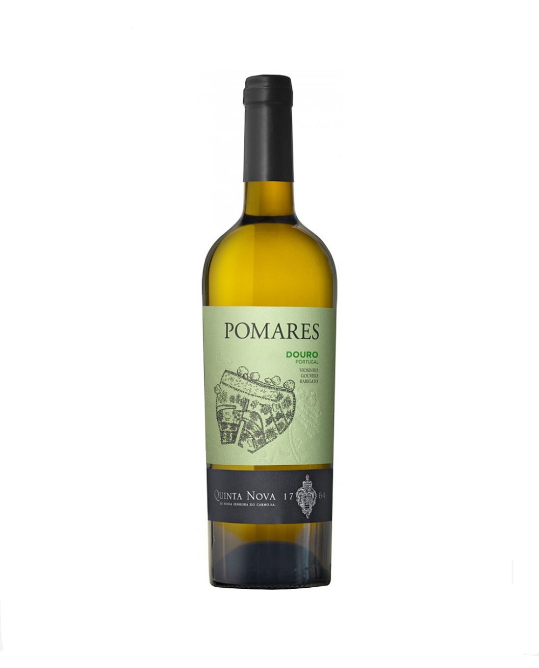 Garrafa de vinho branco Pomares Douro Portugal com rótulo verde e preto